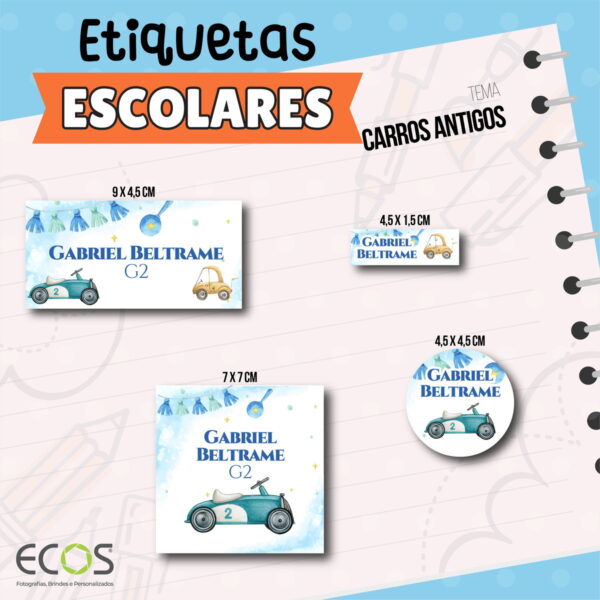 Etiqueta Escolar - Carros Antigos